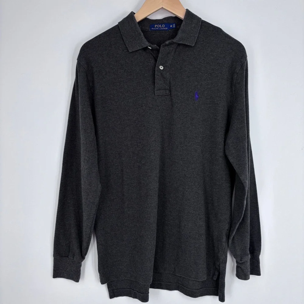 Polo Ralph Lauren Long Sleeve Polo Shirt Mens M Gray Pique Purple Pony Preppy